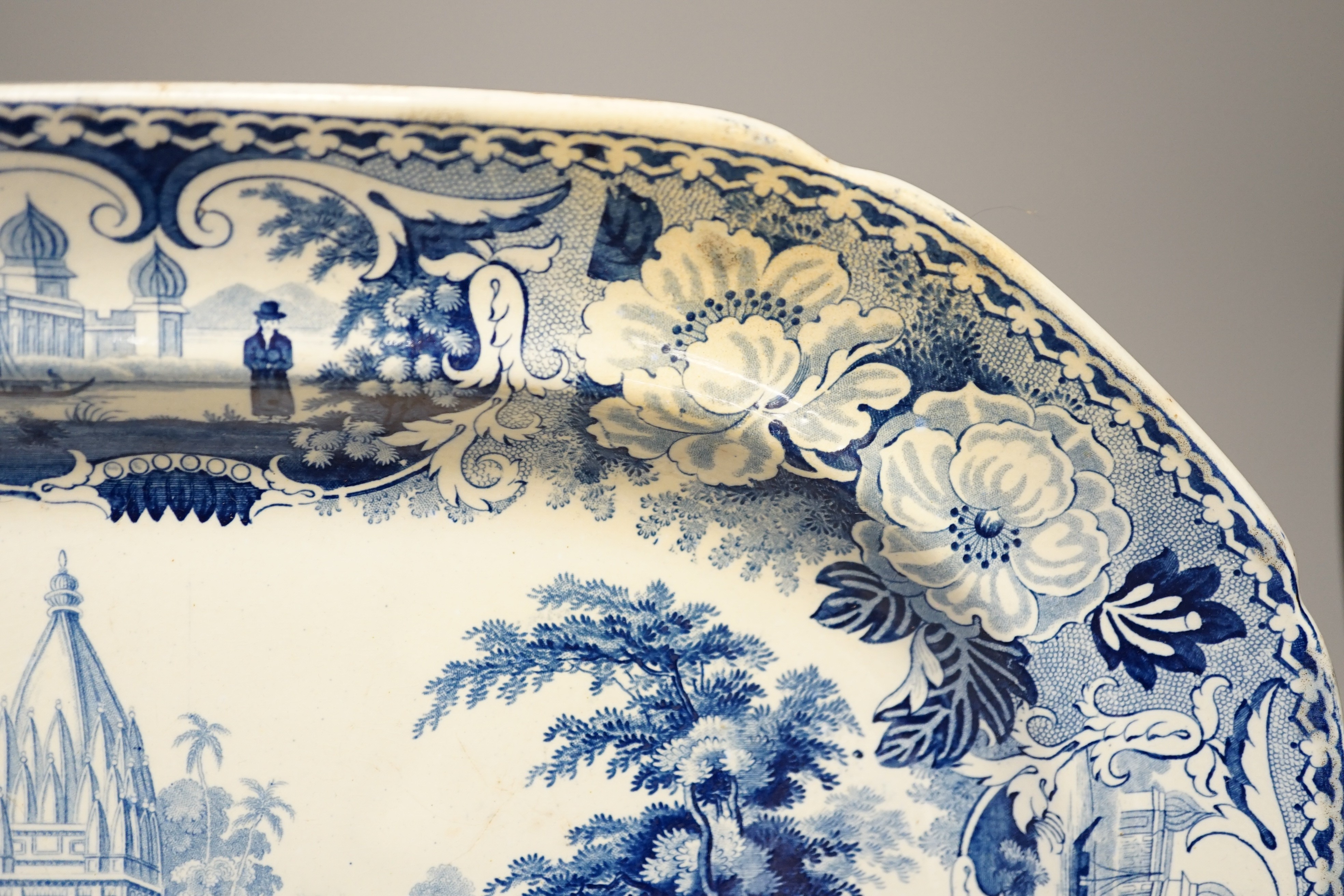 A Ridgway Oriental scenery blue and white platter, pagoda below Patna Azimabad 42cm